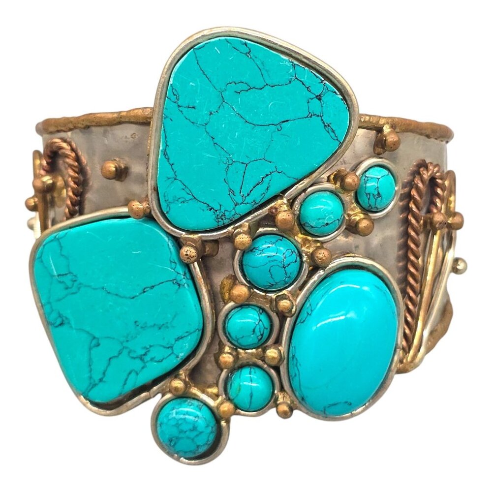 Turquoise Modernist Brutalist Mixed Metal Cuff Bracelet Bronze Copper Silver
